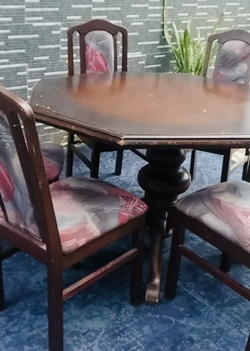 Vintage Wooden Octagonal Dining Set with Patterned Chairs