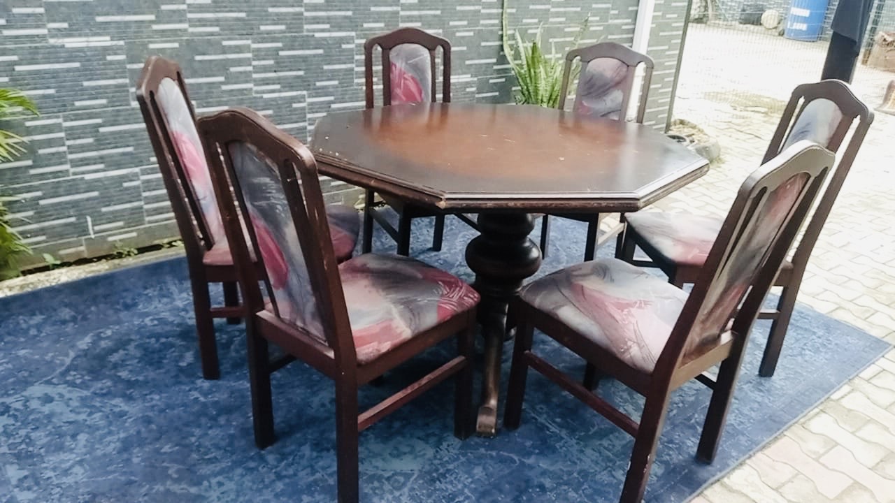 Vintage Wooden Octagonal Dining Set with Patterned Chairs