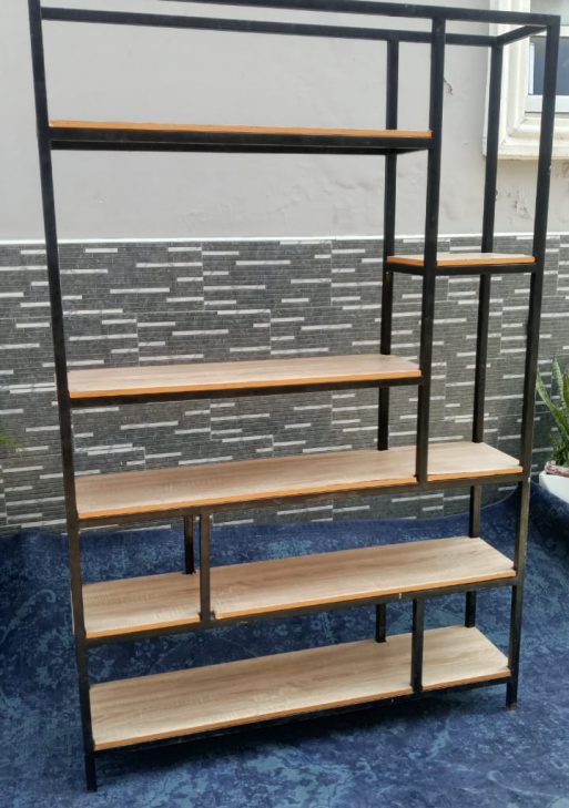 Industrial Metal and Wood Geometric Display Shelf