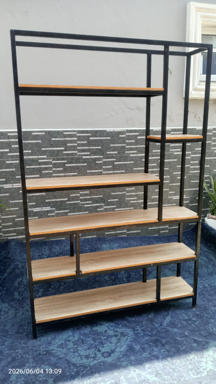 Industrial Metal and Wood Geometric Display Shelf