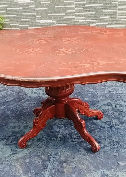 Ornate Inlaid Wood Pedestal Dining Table
