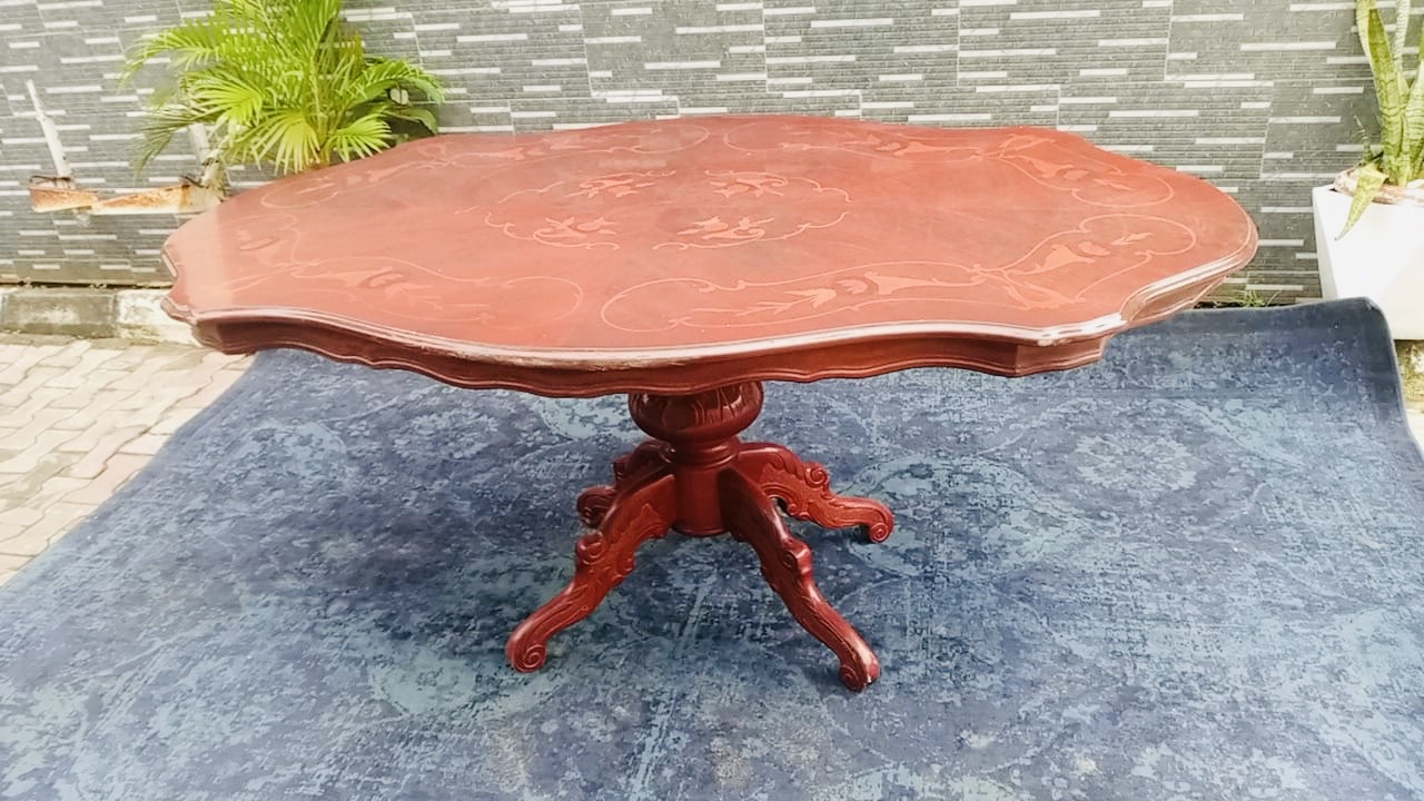 Ornate Inlaid Wood Pedestal Dining Table