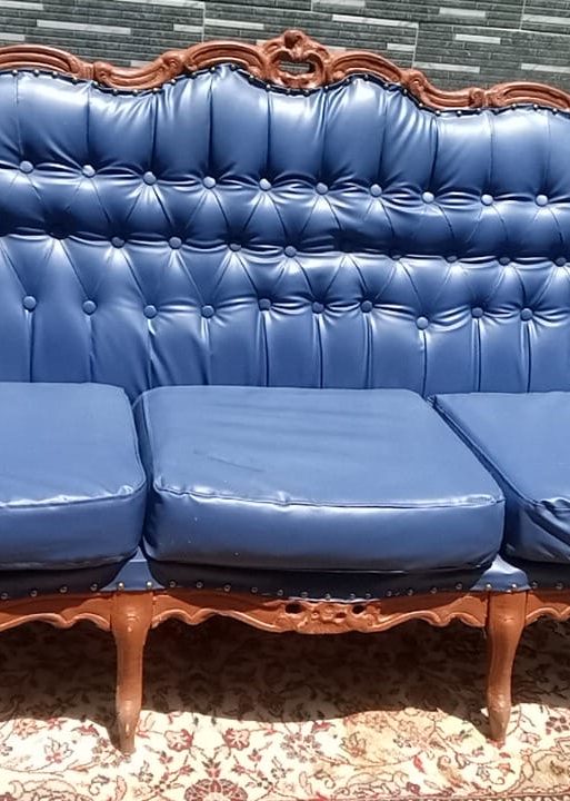 Ornate Vintage Blue Leather Tufted Sofa