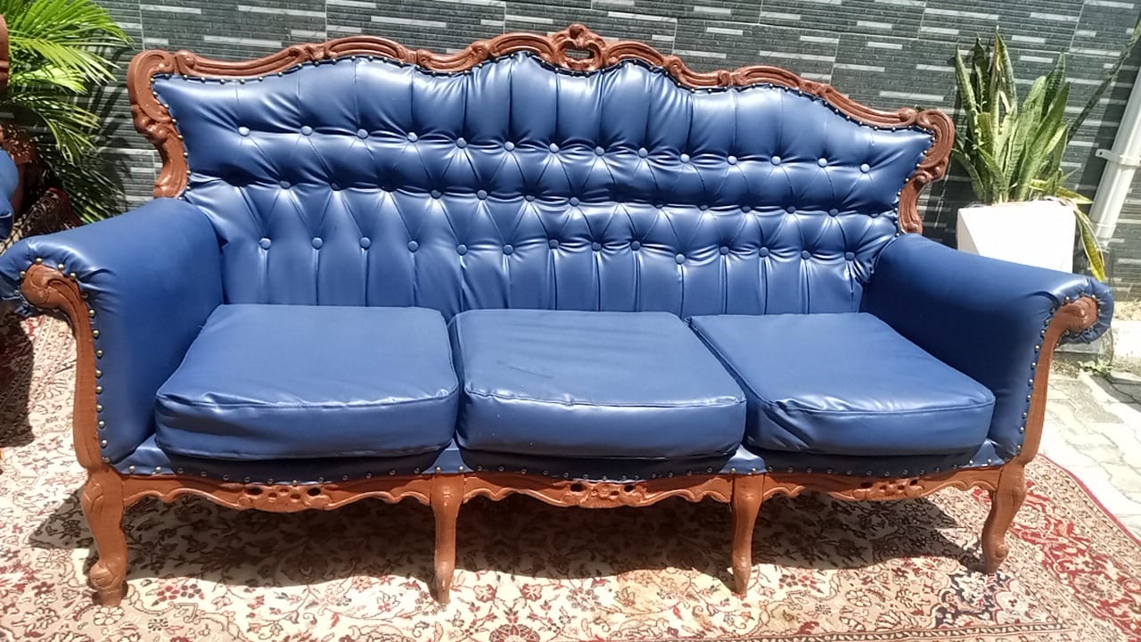 Ornate Vintage Blue Leather Tufted Sofa