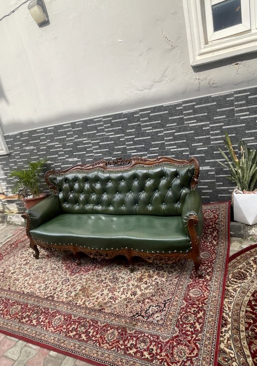 Ornate Vintage Green Leather Tufted Sofa