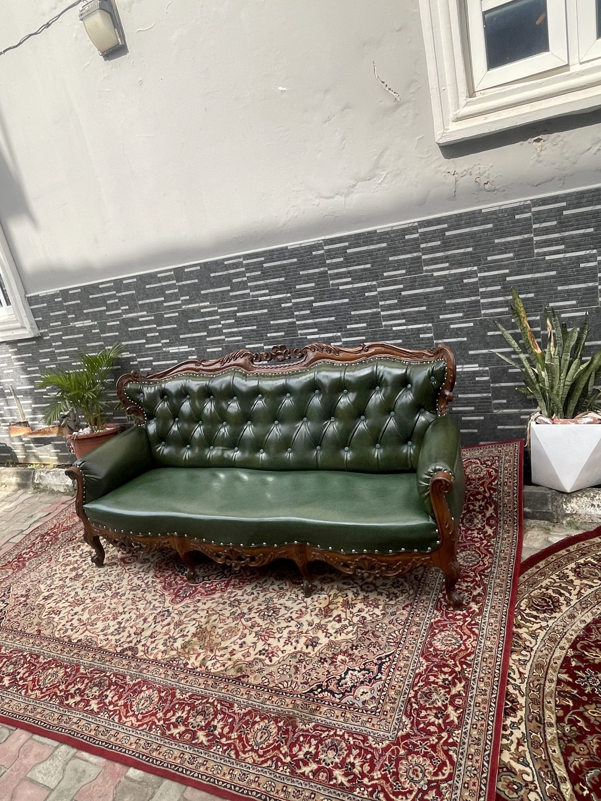 Ornate Vintage Green Leather Tufted Sofa