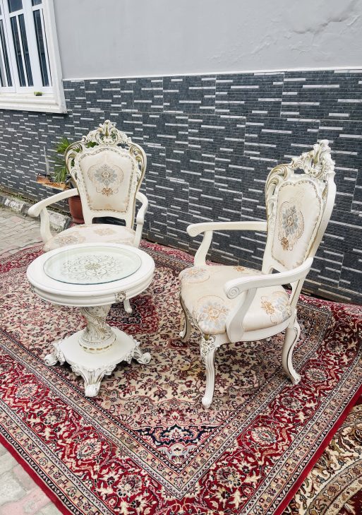 White Victorian Accent Chairs with Center Table
