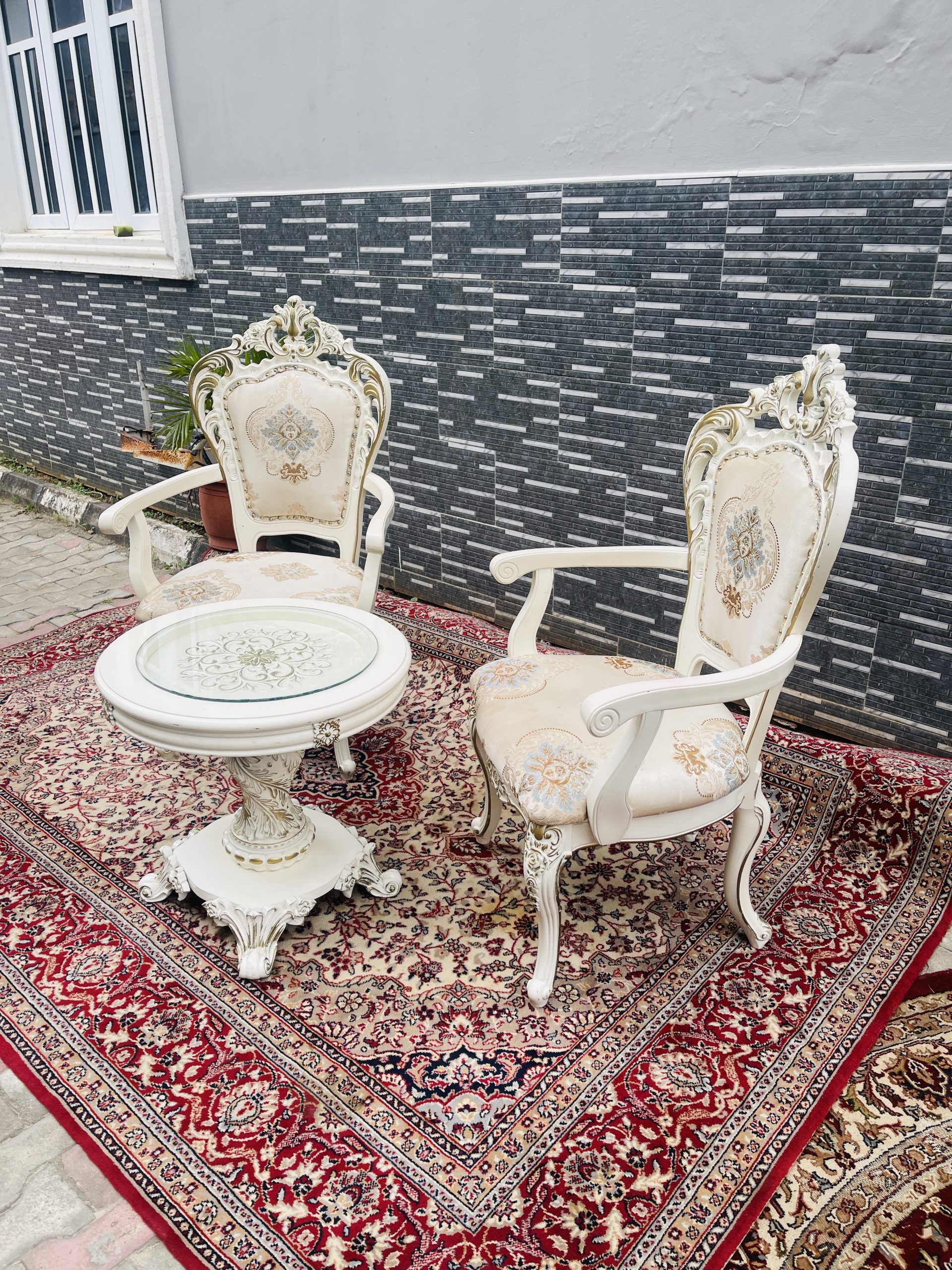 White Victorian Accent Chairs with Center Table