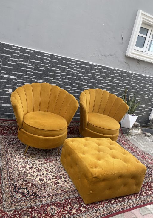 Mustard Velvet Shell Chairs with Ottoman