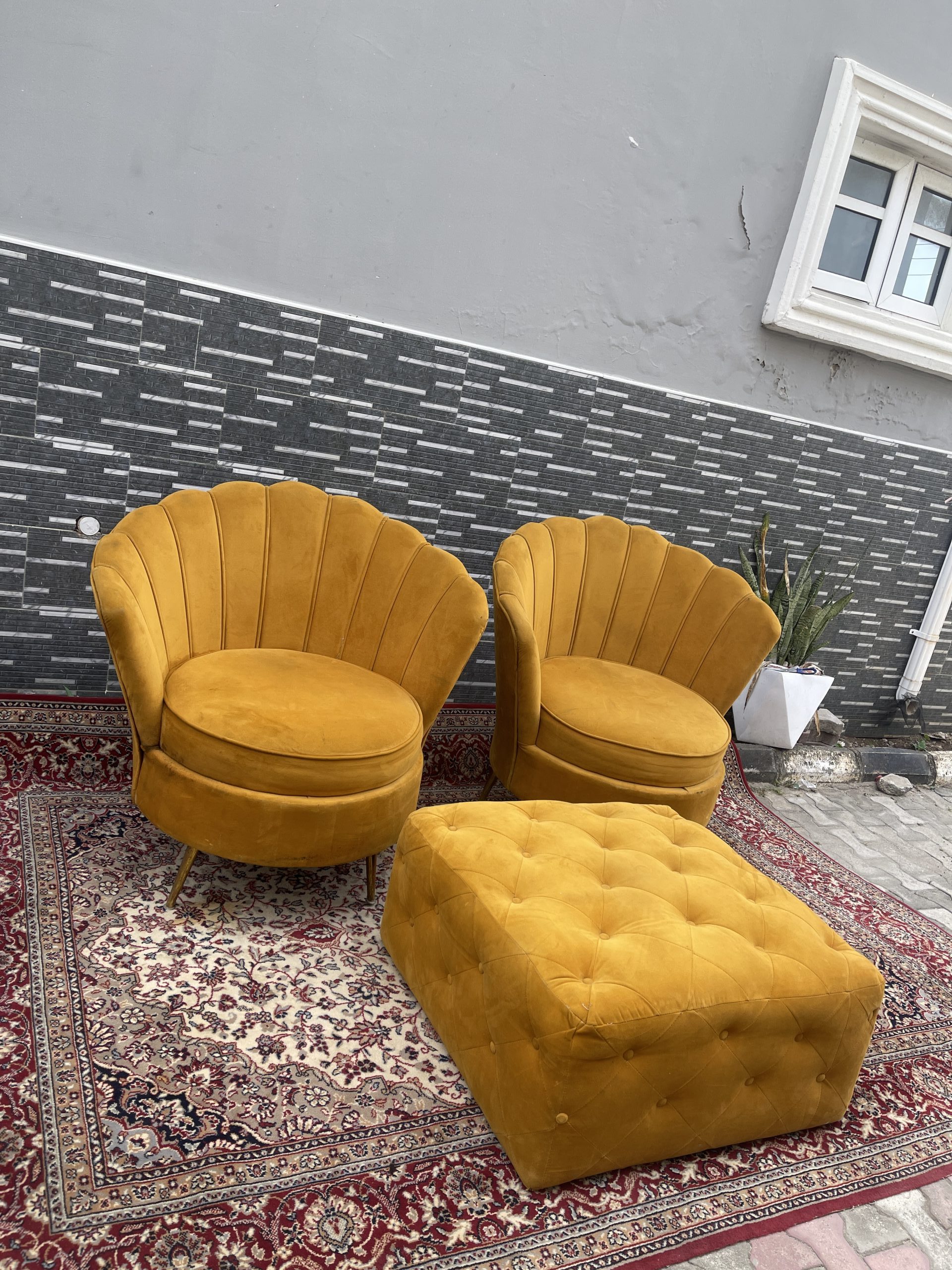 Mustard Velvet Shell Chairs with Ottoman