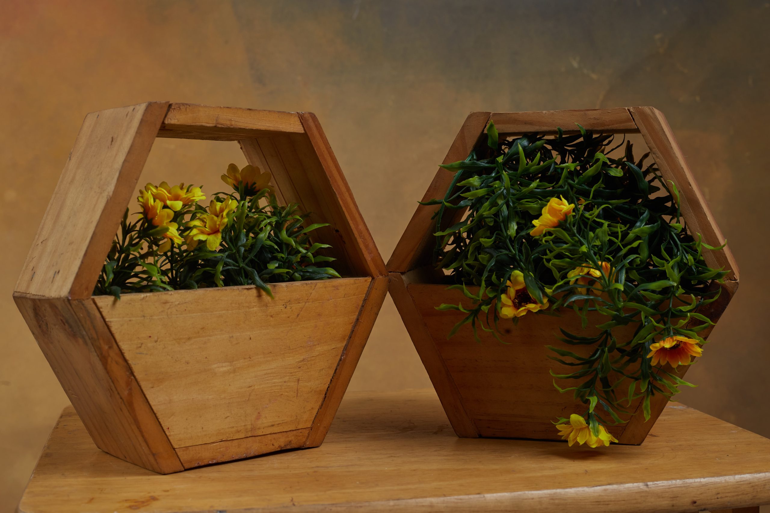 Hexagonal Wooden Table Vase / Planter (Set of 2)