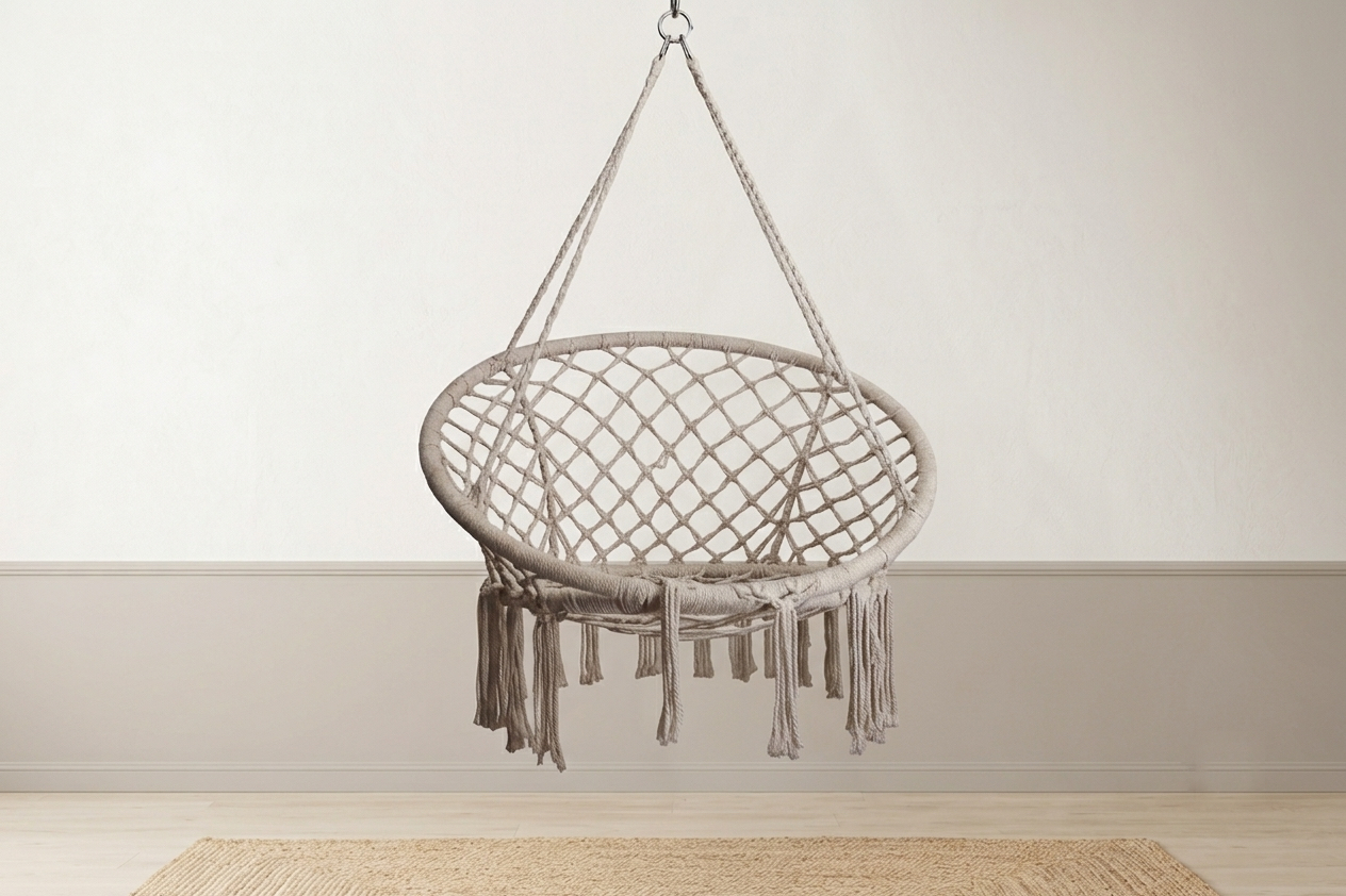 Cream Macramé Hanging Hammock Chair