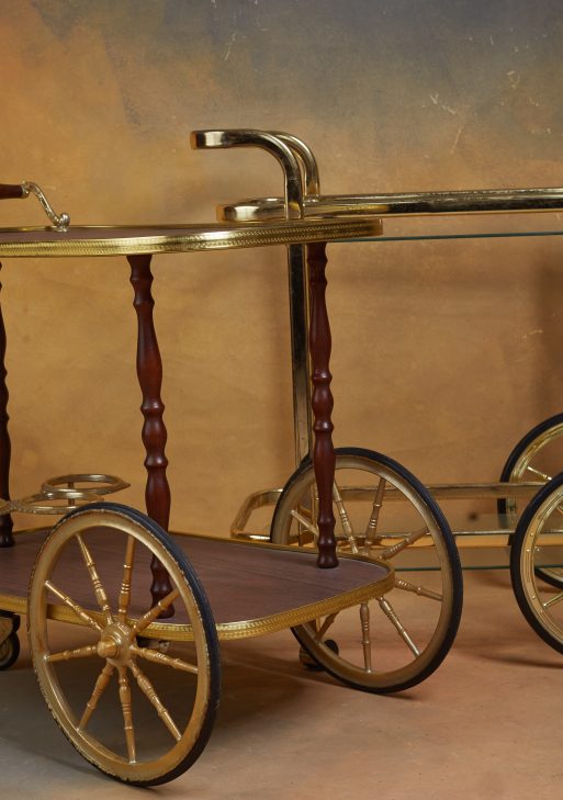 Vintage Brass & Wood Rolling Bar Carts