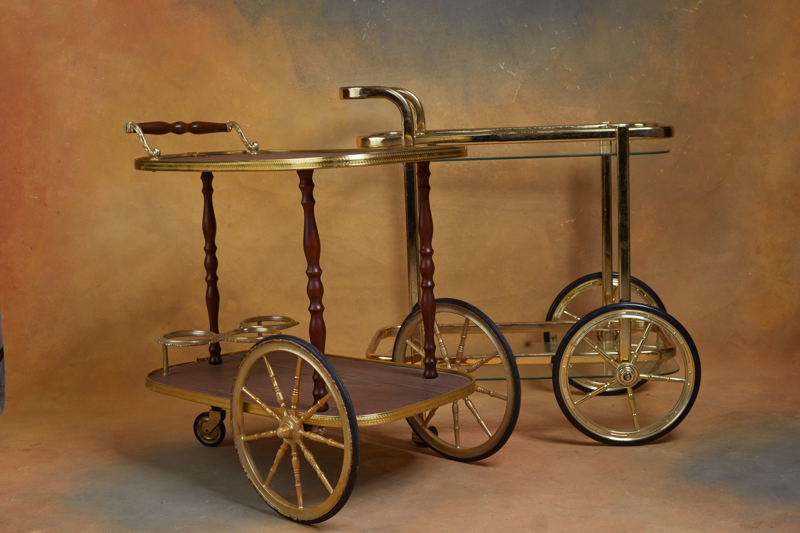 Vintage Brass & Wood Rolling Bar Carts