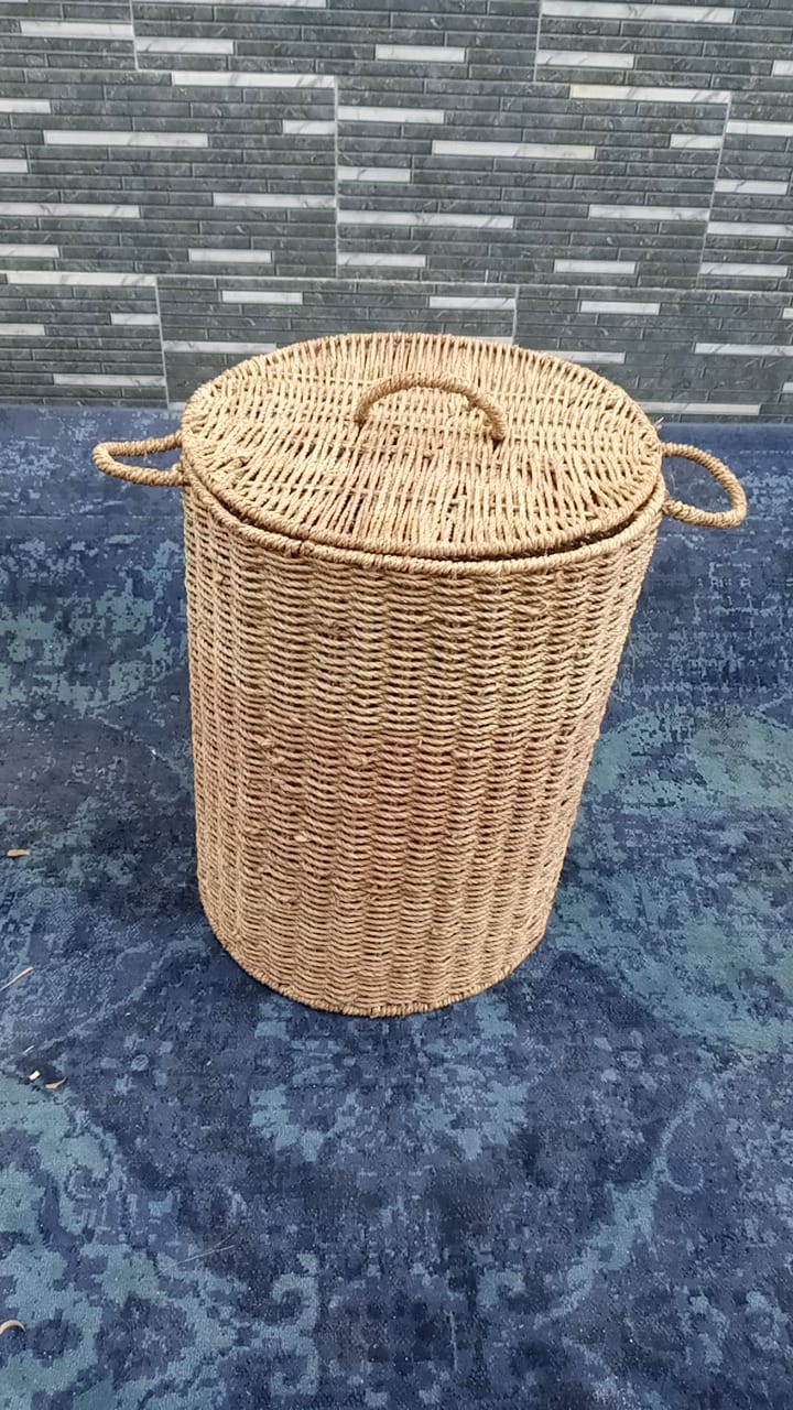 Tall Woven Rope Storage Basket with Lid