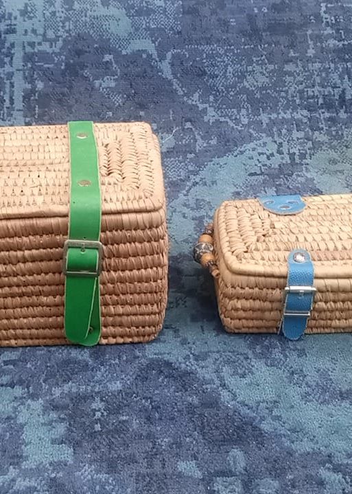 Handwoven Straw Luggage Chests with Colored Straps