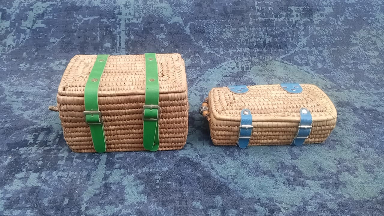 Handwoven Straw Luggage Chests with Colored Straps